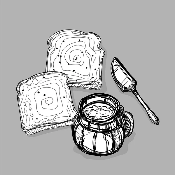 Alimento mermelada tarro pan cuchillo mantequilla dibujo gráfico ilustrar objetos — Vector de stock