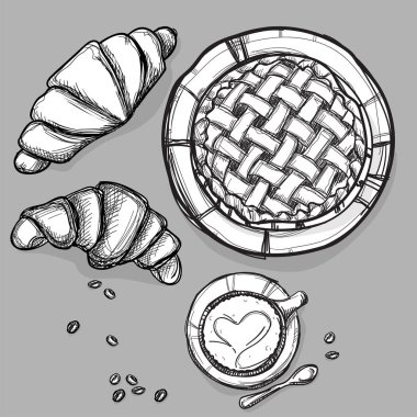 yemek pasta çizim ayarla kruvasan kahve grafiği nesneleri göstermek