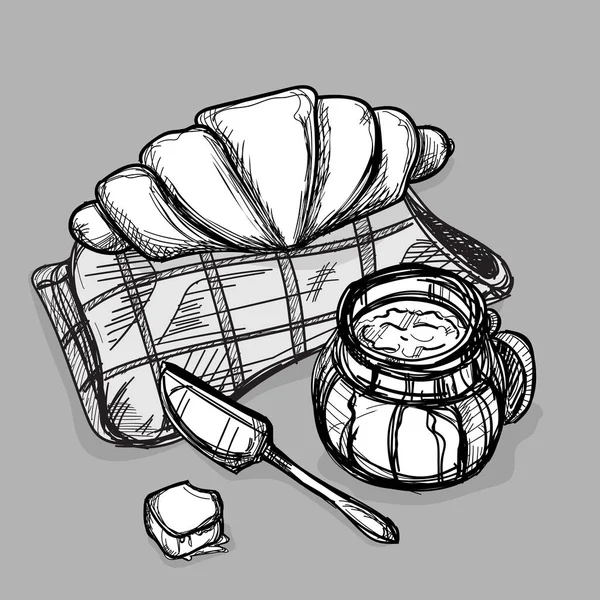 Élelmiszer jam jar Croissant vaj kés rajz kép illusztrálja objektumok — Stock Vector