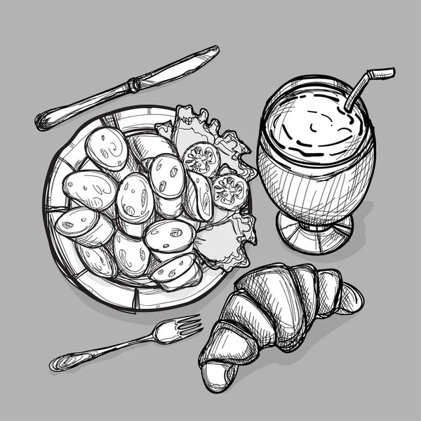 Comida desayuno salchicha croissant bebida conjunto dibujo gráfico ilustrar objetos — Vector de stock