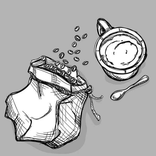 Mat kaffe väska kaffebönor set ritade bilden illustrera objekt — Stock vektor