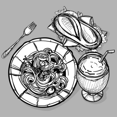 yiyecek sandviç içecek spagetti ayarla çizim grafik nesneleri göstermek