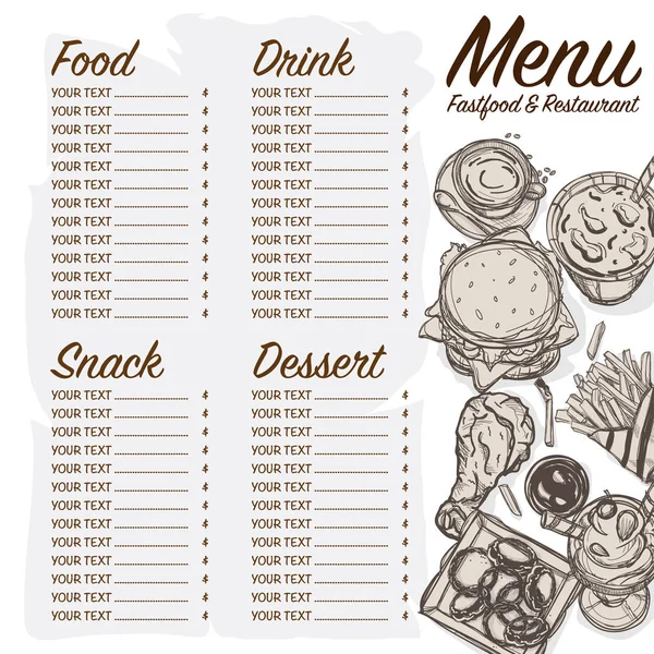 Menü fastfood Restoran şablon tasarım el grafik çizimi — Stok Vektör