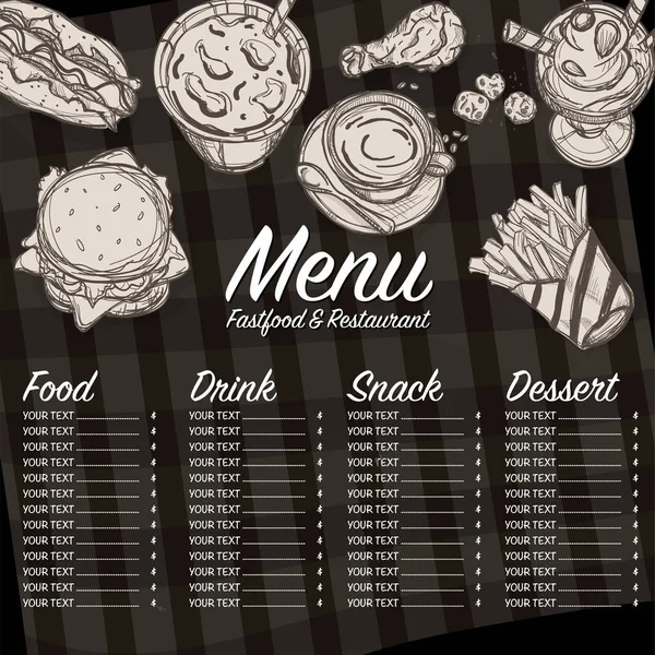 Speisekarte Fastfood Restaurant Vorlage Design Handzeichnung Grafik — Stockvektor