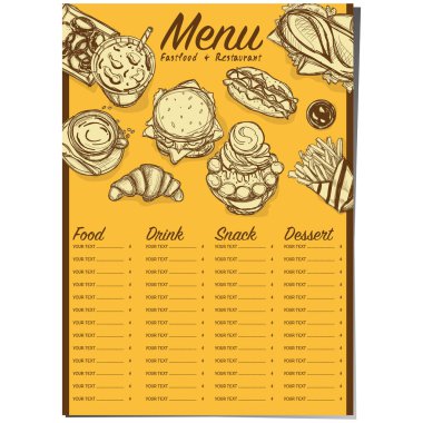 Menü fastfood Restoran şablon tasarım el grafik çizimi