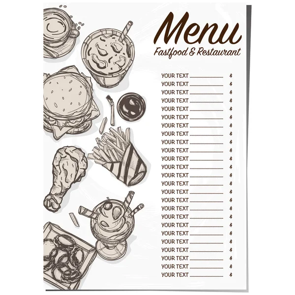 Menú fastfood restaurante plantilla diseño mano dibujo gráfico — Vector de stock