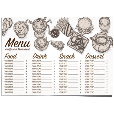 Menü fastfood Restoran şablon tasarım el grafik çizimi