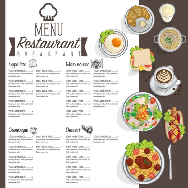 Menú desayuno comida restaurante plantilla diseño mano dibujo gráfico — Vector de stock