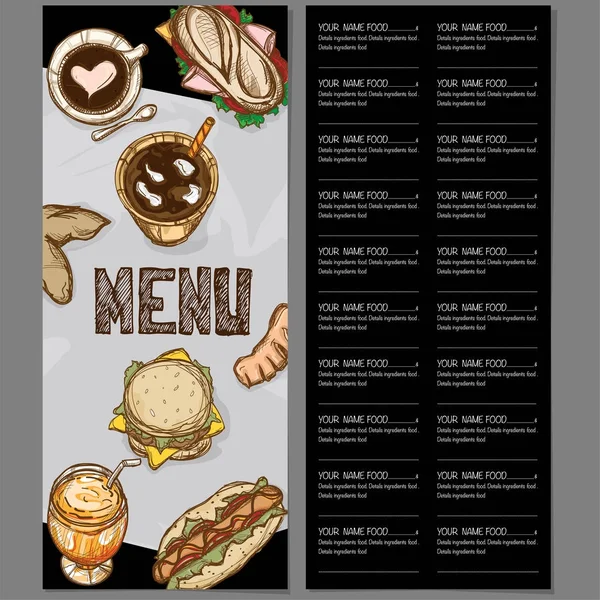 Menú comida restaurante plantilla diseño mano dibujo gráfico — Vector de stock