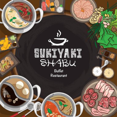 Menü shabu sukiyaki Restoran şablon tasarım grafik nesneleri