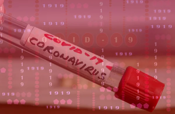 Virus Covid Digital Dengan Latar Belakang Tabung Darah — Stok Foto