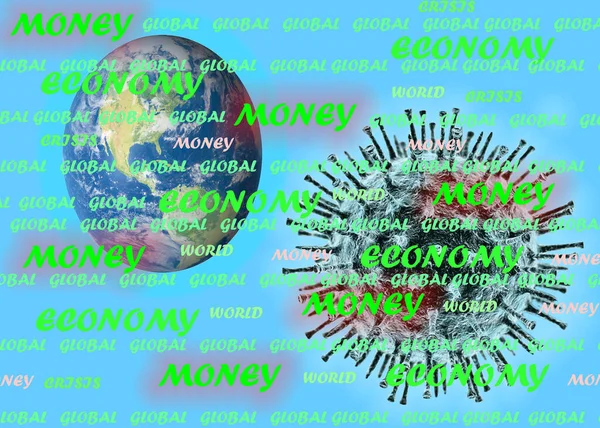 货币经济全球金融危机概念文本蓝色背景下的3D图解 — 图库照片