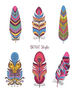 Dekoratif Kuş tüyü kümesi Boho stil için. Vektör.