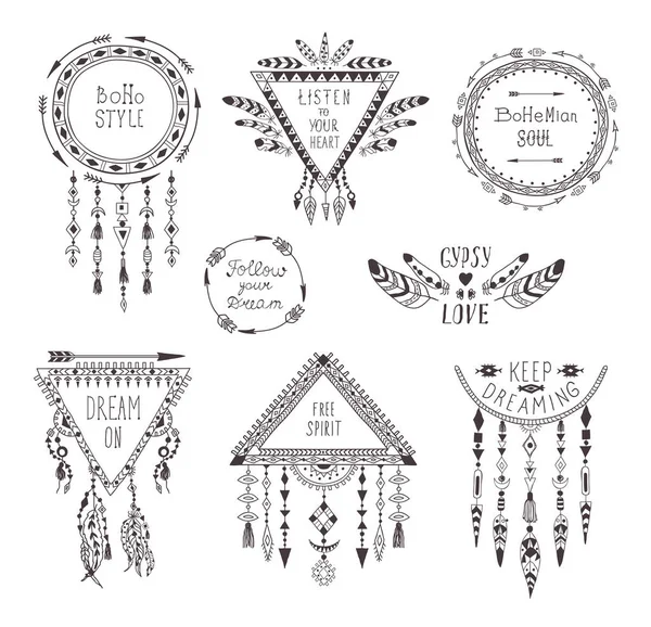 Marcos y decoraciones de estilo boho dibujados a mano . — Vector de stock