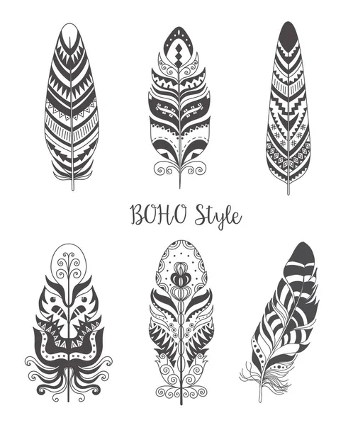 Set de Pluma Decorativa para Pájaro Estilo Boho. Vector . — Archivo Imágenes Vectoriales