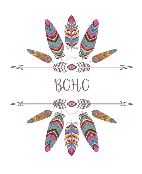 Boho styl rám. Hranice s dekorativní ptačí peří. Design pro tričko. — Stockový vektor