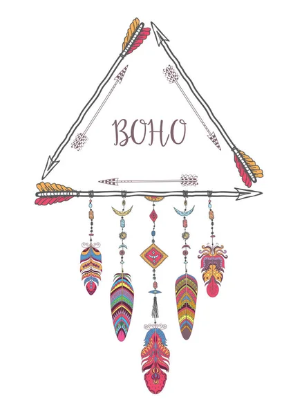 Boho στυλ πλαίσιο για την T-shirt και διακόσμηση. Αφηρημένο σχέδιο με φτερό πουλί και το βέλος . — Διανυσματικό Αρχείο