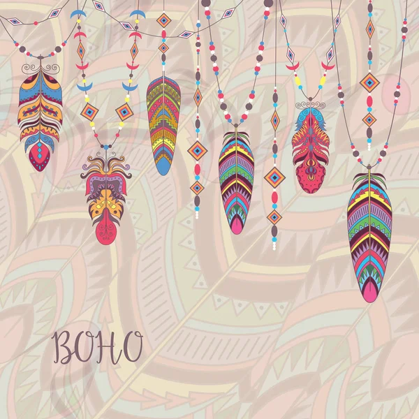 Diseño Boho Abstracto con Pluma de Pájaro y Abalorios . — Vector de stock