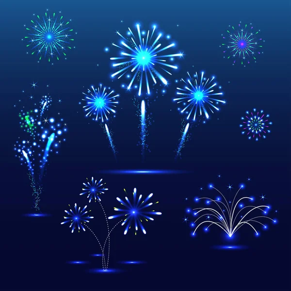 Set di fuochi d'artificio festivi sullo sfondo blu. Vettore . — Vettoriale Stock