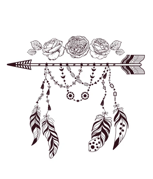 Design de style boho dessiné à la main avec fleur rose, flèche et plumes . — Image vectorielle