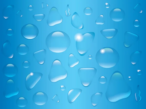 青の背景に分離した透明水滴. — ストックベクタ