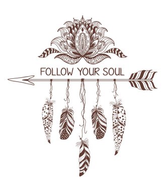 Lotus çiçeği, ok ve tüyler elle çizilmiş boho stil tasarımı.