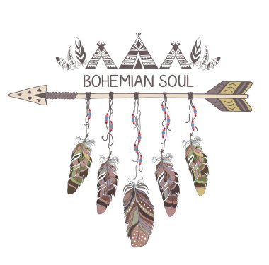 Boho tarzı tasarım oku ve tüyleri ile el çekilmiş.