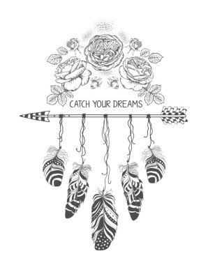 Gül çiçek, ok ve tüyler elle çizilmiş boho stil tasarımı.