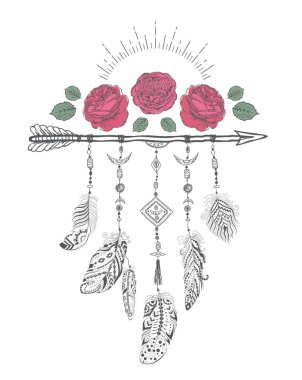 Gül çiçek, ok ve tüyler elle çizilmiş boho stil tasarımı.