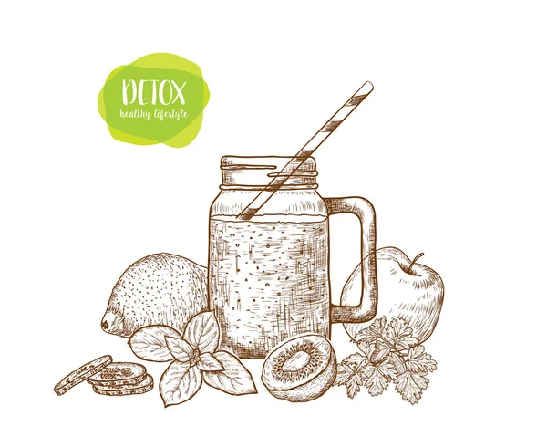 Smoothie. Detox water and drinks. Sketches of vegan food for cooking cards, stickers, labels, tags. — Stock Vector