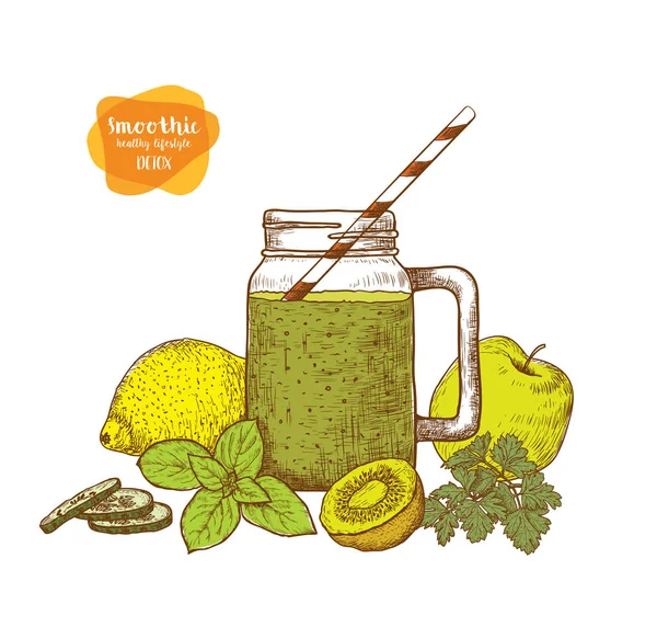 Smoothie. Wasser und Getränke entgiften. Skizzen veganer Lebensmittel für Kochkarten, Aufkleber, Etiketten, Tags. — Stockvektor