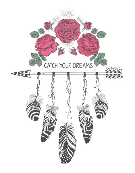 Diseño boho dibujado a mano con flor de rosa, flecha y plumas. Decoración de moda hippie para camiseta o tatuaje . — Archivo Imágenes Vectoriales