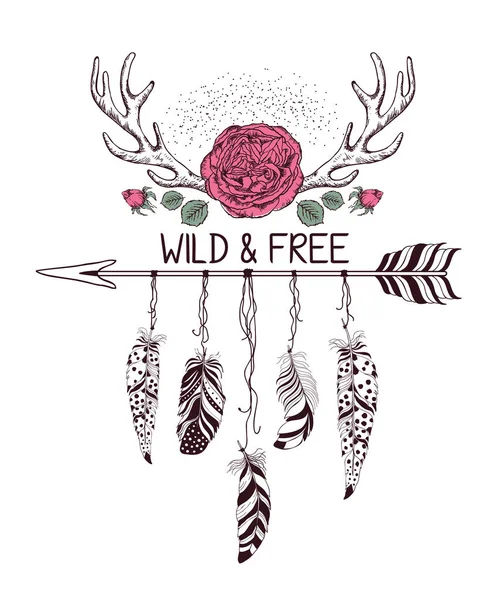 バラの花、矢印、鹿の枝角を持つ手描き自由奔放に生きるスタイル デザイン. — ストックベクタ