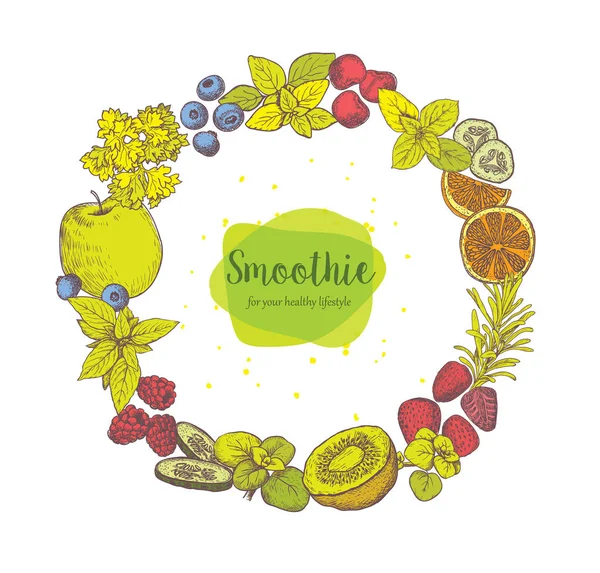 Smoothie. Gyógynövény, a fűszerek és a gyümölcsök. — Stock Vector
