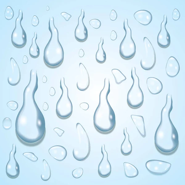 Gotas de agua transparentes aisladas en el fondo azul . — Vector de stock