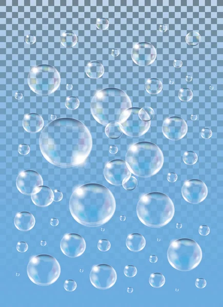 Vector realista aislado jabón burbujas en el fondo azul . — Archivo Imágenes Vectoriales