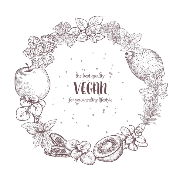 Erva, especiarias e frutas. Esboços de comida vegan para cartões de cozinha, adesivos, rótulos, etiquetas e embalagens  . — Vetor de Stock