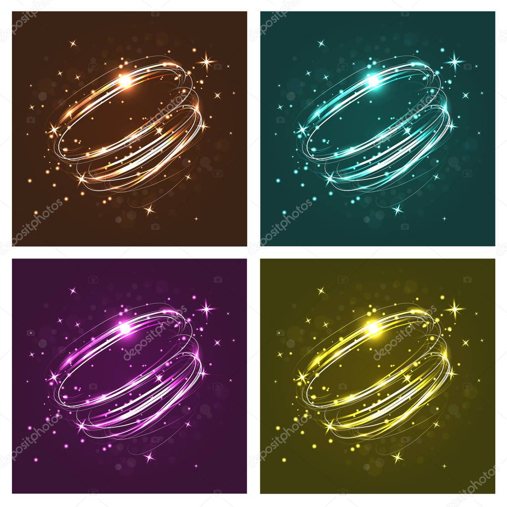 Neon crossed circles light lines effect. Set of Magic fire rings.