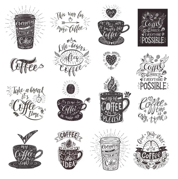 Σετ καφέ εισαγωγικά με ένα φλιτζάνι. Διάνυσμα γράμματα χειρόγραφα — Διανυσματικό Αρχείο