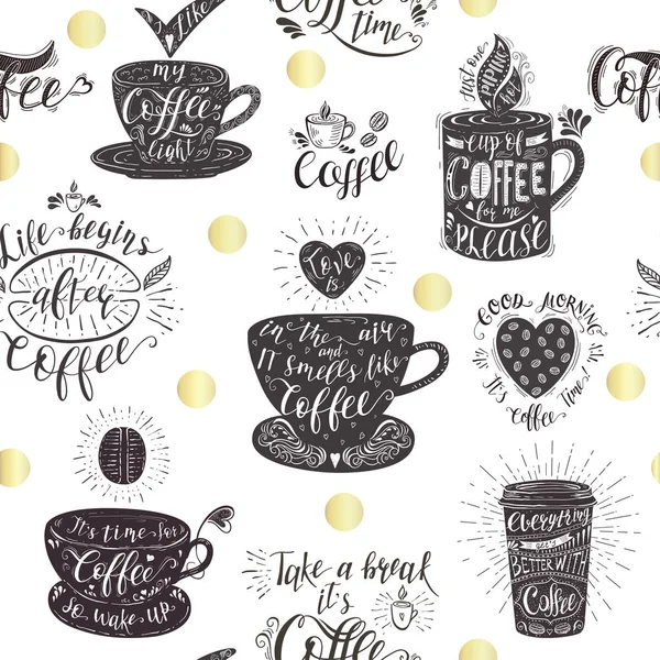 Seamless pattern with coffee quotes. — Stock Vector