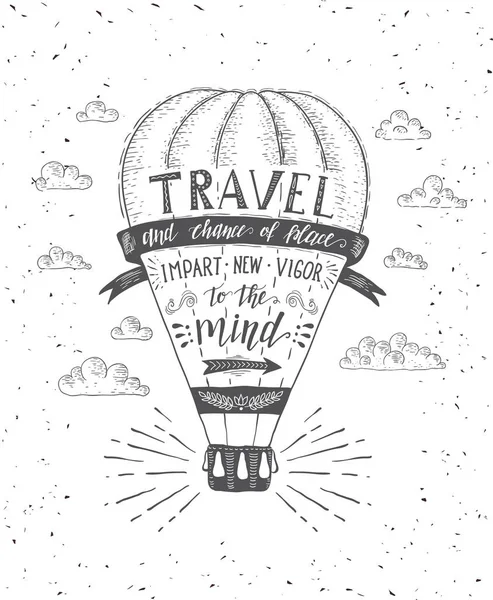 Viajar. Ilustração vetorial da silhueta de balão de ar com citação de motivação . —  Vetores de Stock