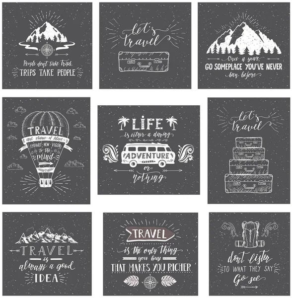 Postales de viaje. Conjunto de pancartas de turismo con citas de letras a mano . — Vector de stock