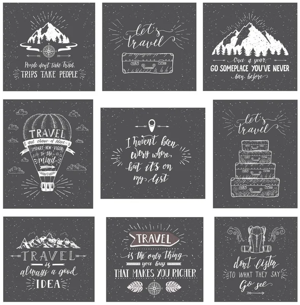 Travel postcards. Set of tourism banners with hand-lettering quotes. — Stock Vector