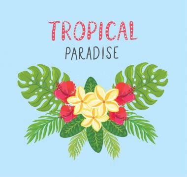 Tropikal kartpostal. Yaz arka plan ile frangipani, ebegümeci ve palmiye yaprakları.