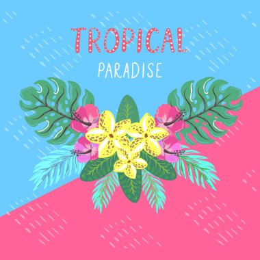 Tropikal kartpostal. Yaz arka plan ile frangipani, ebegümeci ve palmiye yaprakları.