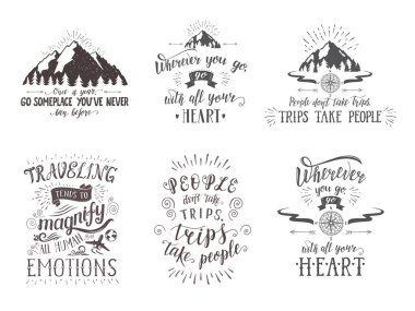 Kartpostal seyahat. Turizm afiş el yazı tırnak işareti kümesi.