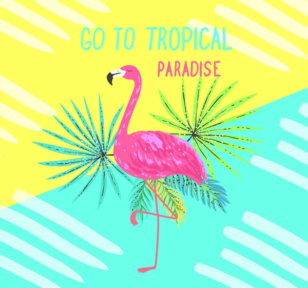 Tropiska vykort. Sommaren bakgrund med flamingo och palm lämnar. — Stock vektor