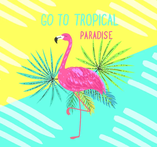 Una postal tropical. Fondo de verano con hojas de flamenco y palma . — Vector de stock