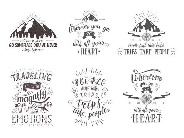 Kartpostal seyahat. Turizm afiş el yazı tırnak işareti kümesi.
