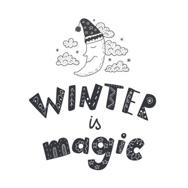 Komik ay ve kış alıntı. Kreş sanat. Minimalist İskandinav tarzı.